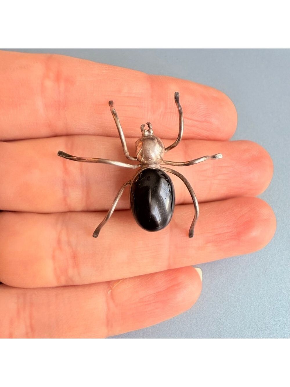 Vintage Southwestern 3 CT Onyx Figural Spider Sterling Silver 925 Pin Brooch - Picture 6 of 7
